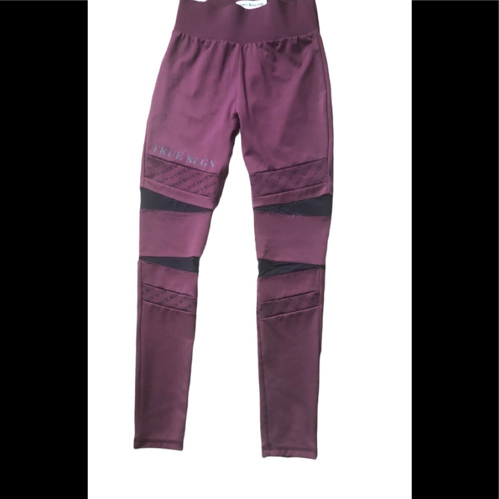 True Religion Monogram Yoga Leggings Knit Mesh High Waisted Burgundy Size S